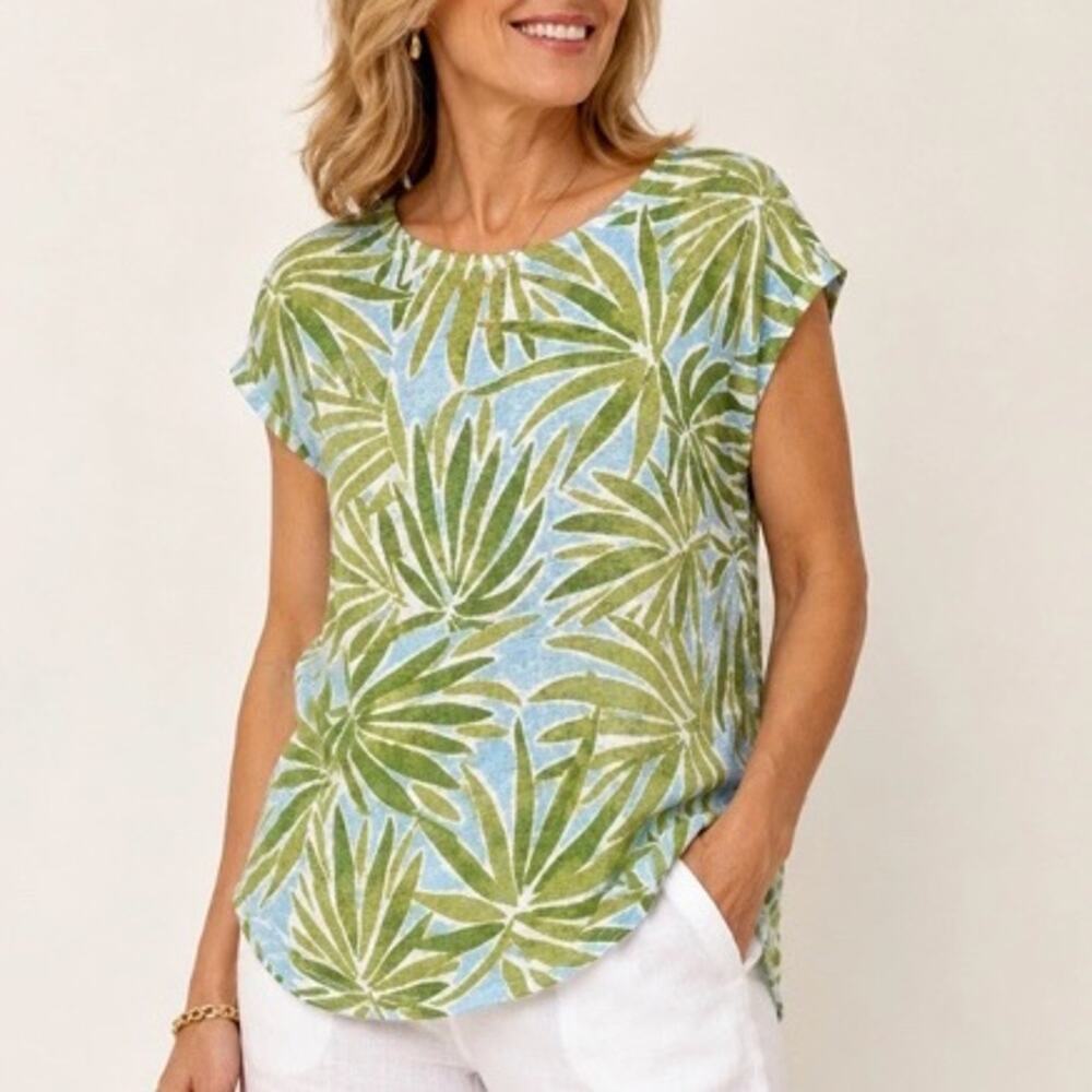Sigrid Olsen Tropical Palm Leaf 100% Linen Taper Top Size Small (0900)(FL)